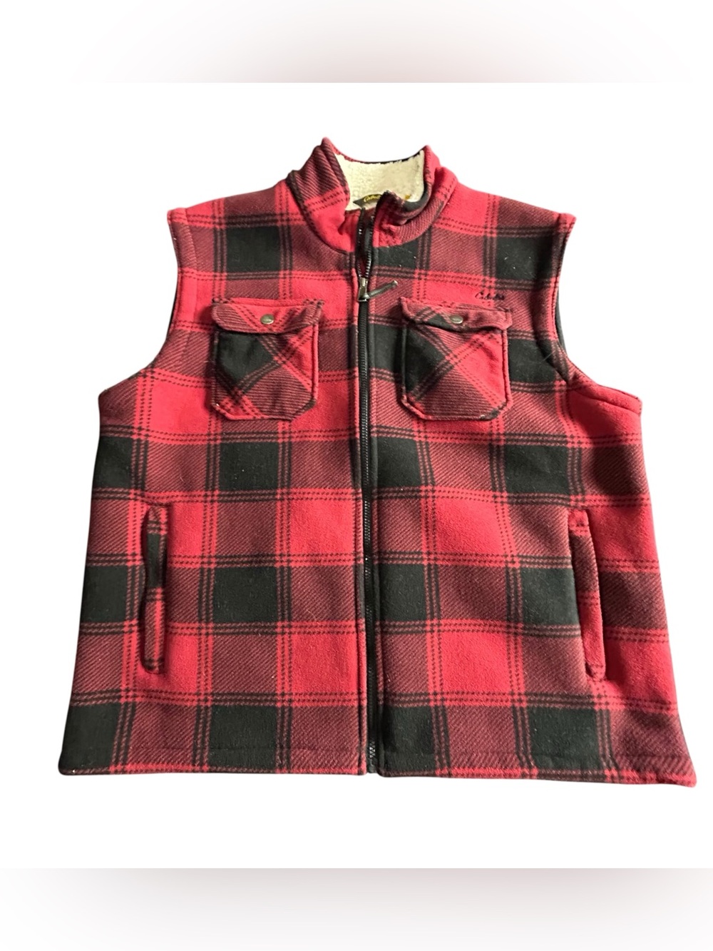 Cabela's Red and Black Plaid Sherpa-Lined Fleece Vest
